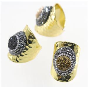 Druzy Quartz Copper Ring pave rhineston, mix color, gold plated, approx 10-22mm [GMRG407]