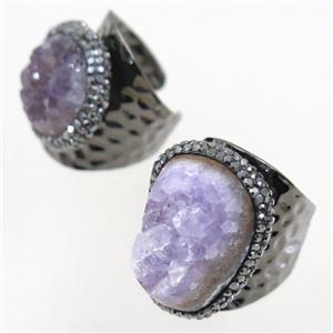 Druzy Amethyst copper Ring paved rhinestone, black plated, approx 20-25mm [GMRG413]