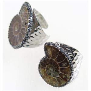 Ammonite Fossil copper Ring paved rhinestone, silver plated, approx 20-25mm [GMRG414]