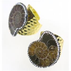Ammonite Fossil copper Ring paved rhinestone, gold plated, approx 20-25mm [GMRG415]