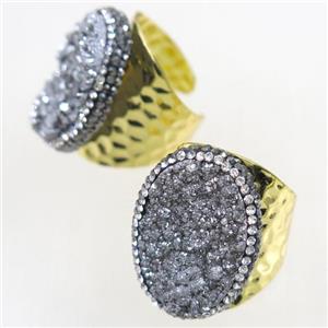 silver Druzy Quartz copper Ring paved rhinestone, gold plated, approx 20-25mm [GMRG417]