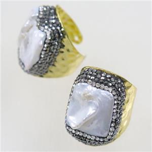 white Pearl copper Ring paved rhinestone, gold plated, approx 20-25mm [GMRG419]