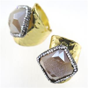 champagne Druzy Agate geode copper Ring pave rhinestone, gold plated, approx 20-25mm [GMRG424]