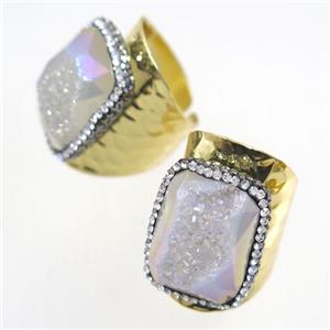 white AB-color Druzy Agate geode copper Ring pave rhinestone, gold plated, approx 15-25mm [GMRG429]