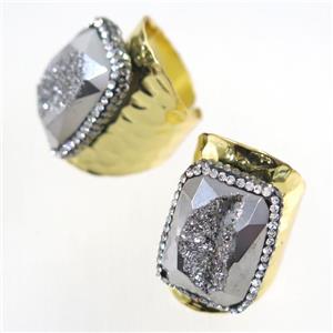 silver Druzy Agate geode copper ring pave rhinestone, gold plated, approx 15-25mm [GMRG430]