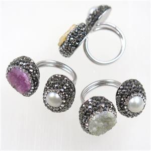 freshwater Pearl and Druzy Ring paved rhinestone, approx 18mm dia [GMRG444]