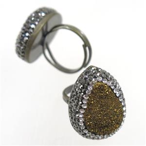 golden Quartz Druzy Ring paved rhinestone, teardrop, approx 19mm dia [GMRG451]