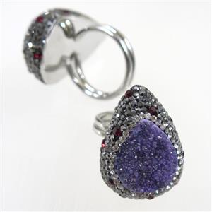 purple Quartz Druzy Ring paved rhinestone, teardrop, approx 19mm dia [GMRG452]