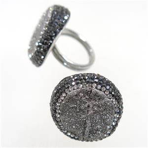 silver Quartz Druzy Ring paved rhinestone, approx 19mm dia [GMRG453]