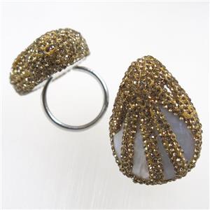 white freshwater Shell ring paved yellow rhinestone, teardrop, approx 18mm dia, 27-38mm [GMRG454]