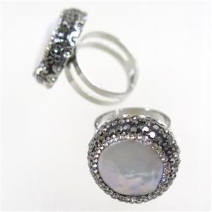 freshwater Pearl ring paved rhinestone, approx 18mm dia, 20mm dia [GMRG460]