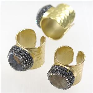 quartz druzy ring paved rhinestone, gold plated, approx 18mm dia [GMRG461]