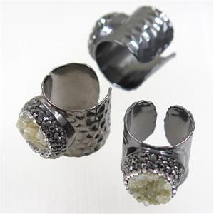 quartz druzy ring paved rhinestone, black plated, approx 18mm dia [GMRG462]