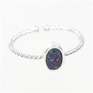 rainbow druzy quartz ring, oval, silver plated, approx 6mm, 18mm dia [GMRG510]
