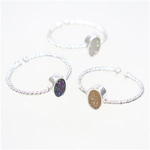 mix color druzy quartz ring, oval, silver plated, approx 6mm, 18mm dia [GMRG513]