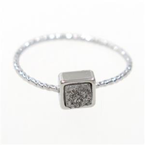 silver druzy quartz ring, square, silver plated, approx 6mm, 18mm dia [GMRG515]