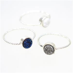 mix color druzy quartz ring, flat circle, silver plated, approx 6mm, 18mm dia [GMRG521]