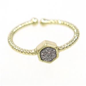 silver druzy quartz ring, hexagon, gold plated, approx 6mm, 18mm dia [GMRG522]