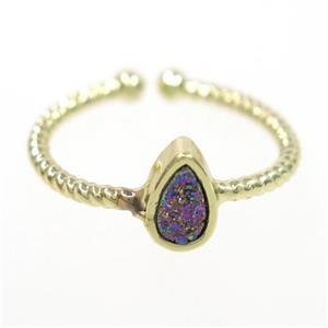 rainbow druzy quartz ring, teardrop, gold plated, approx 6mm, 18mm dia [GMRG526]