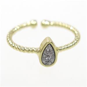 silver druzy quartz ring, teardrop, gold plated, approx 6mm, 18mm dia [GMRG527]