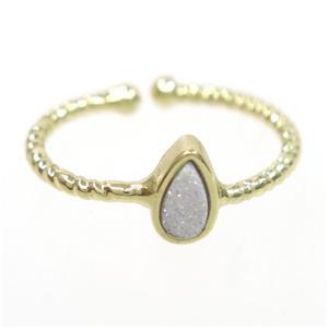white ab-color druzy quartz ring, teardrop, gold plated, approx 6mm, 18mm dia [GMRG529]