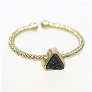 black druzy quartz ring, triangle, gold plated, approx 6mm, 18mm dia [GMRG531]