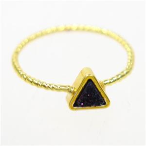 black druzy quartz ring, triangle, gold plated, approx 6mm, 18mm dia [GMRG534]