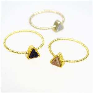 mix color druzy quartz ring, triangle, gold plated, approx 6mm, 18mm dia [GMRG536]
