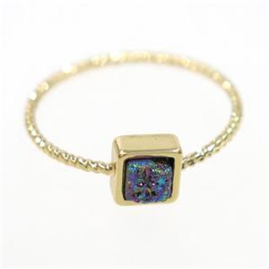 rainbow druzy quartz ring, square, gold plated, approx 6mm, 18mm dia [GMRG538]