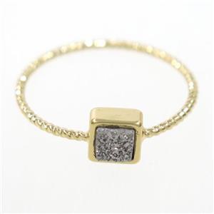 silver druzy quartz ring, square, gold plated, approx 6mm, 18mm dia [GMRG539]