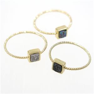 mixed color druzy quartz ring, square, gold plated, approx 6mm, 18mm dia [GMRG542]