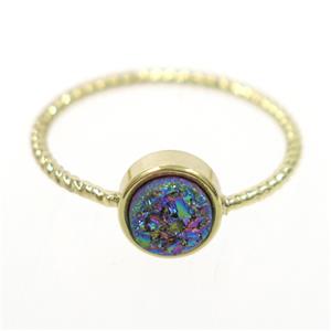 rainbow druzy quartz ring, circle, gold plated, approx 6mm, 18mm dia [GMRG545]