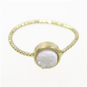 white ab-color druzy quartz ring, circle, gold plated, approx 6mm, 18mm dia [GMRG547]