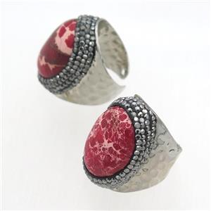 red Imperial Jasper Rings paved rhinestone, copper, platinum plated, approx 20-28mm [GMRG571]