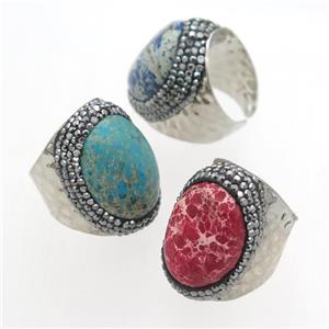 mixed colors Imperial Jasper Rings paved rhinestone, copper, platinum plated, approx 20-28mm [GMRG572]