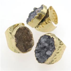 natural Agate Druzy Rings, copper, gold plated, approx 20-28mm [GMRG574]