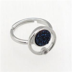 blue Druzy Quartz Rings, copper, platinum plated, approx 8mm, 18mm dia [GMRG626]