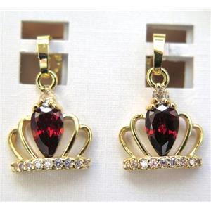 ruby zircon pendant, crown, copper, gold plated, approx 12-15mm [GMZ048]