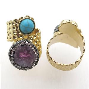 Agate Druzy Rings paved rhinestone, copper, gold plated, approx 10mm, 20mm, 20mm dia [GR10072]