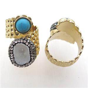 white Agate Druzy Rings paved rhinestone, copper, gold plated, approx 10mm, 20mm, 20mm dia [GR10073]
