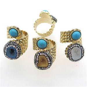 mix color Agate Druzy Rings paved rhinestone, copper, gold plated, approx 10mm, 20mm, 20mm dia [GR10074]