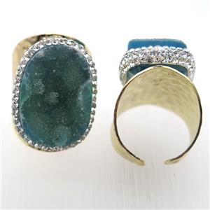 green Agate Druzy Rings paved rhinestone, copper, gold plated, approx 20-35mm, 20mm dia [GR10085]