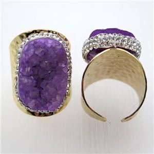 purple Agate Druzy Rings paved rhinestone, copper, gold plated, approx 20-35mm, 20mm dia [GR10086]