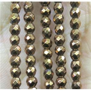 tiny hematite bead, faceted round, gold plated, approx 3mm dia [HBOS244-3MM]