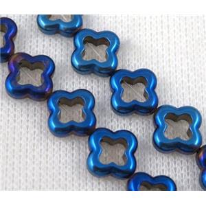 hematite beads, four-leaf clover, blue electroplated, approx 12mm dia [HBOS498]
