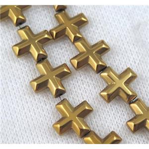 hematite cross beads, gold electroplated, approx 10x10mm [HBOS513-10MM]