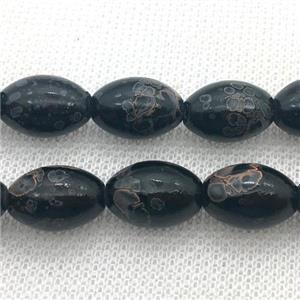 black Lampwork Glass Beads with painted, rice, approx 10x15mm, 25pcs per st [LWBCH320]