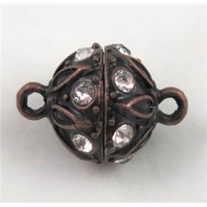 Magnetic alloy connector clasp paved rhinestone, antique red copper, approx 13mm dia [MGC110]