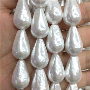 white pearlized shell beads, teardrop, approx 16-25mm [SHEPL202]