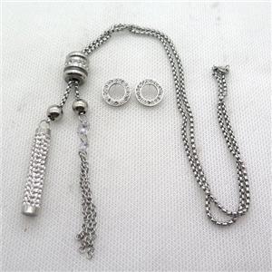 stainless steel necklace and earring, platinum plated, approx 2.5mm, 8-40mm, 70mm, 14mm dia [SSNK100]